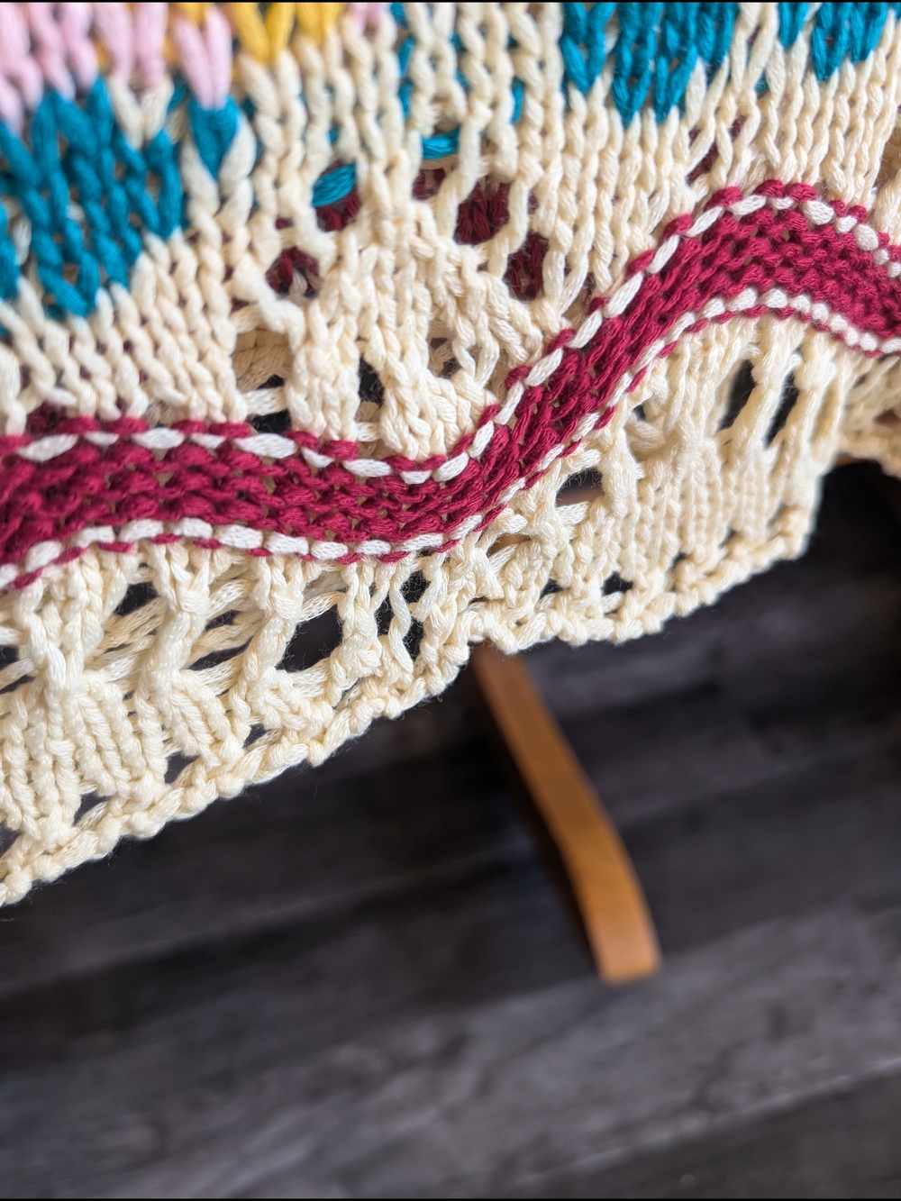 Vintage-Inspired Multicolor Crochet Knit Sweater - Cream & Teal - Picture 2 of 4